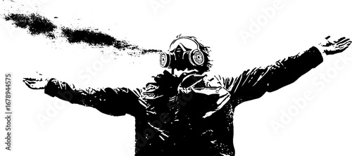 Black and white raver with gas mask stencil art - urban grunge design for posters and prints