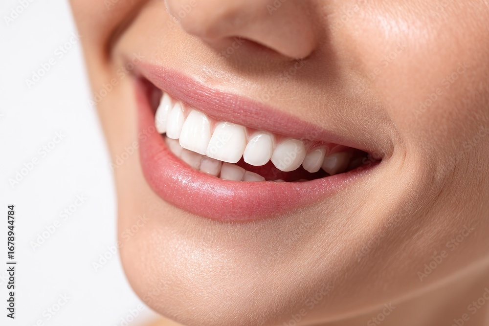 Obraz premium Closeup of a smiling woman showing bright white teeth and pink lips