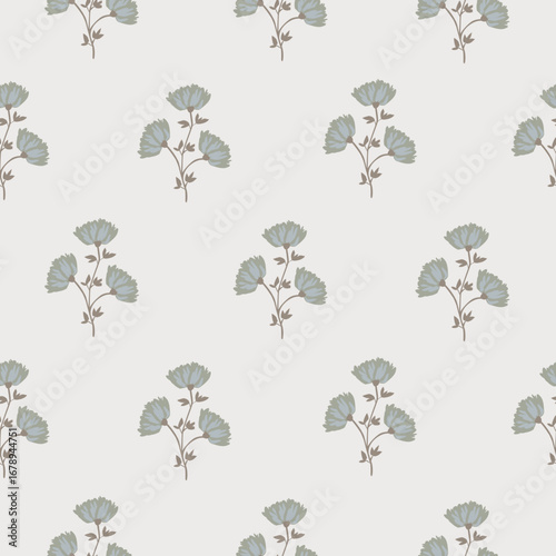 Flower pattern block print cream green background with meadow flowers. Farmhouse violet backdrop and floral bunches grandmillenial style