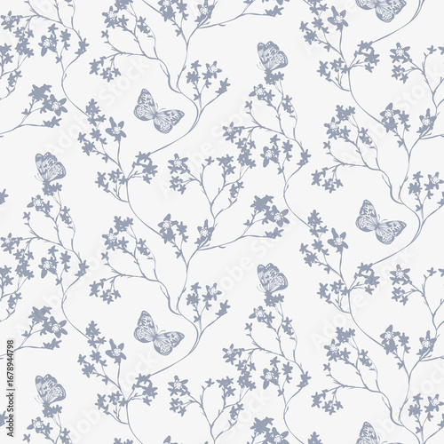 Floral seamless pattern with butterflies. Branch with leaves ornamental texture. Flourish nature summer garden textured background