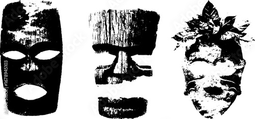 Tribal ritual mask collection in black and white stencil design for creative projects