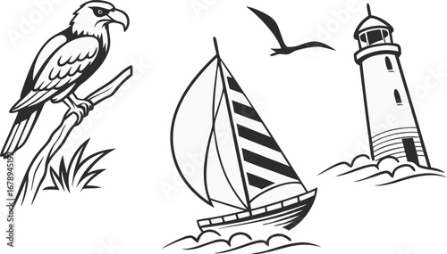 Vintage nautical and wildlife illustration bundle featuring eagle sailboat and lighthouse vector graphics vector