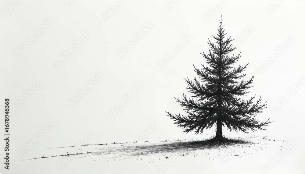 Obraz premium Minimalist black, white ink drawing lone pine tree. Simple graphic illustration features delicate branches, evergreen needles against clean white background. Suggests winter forest, tranquil