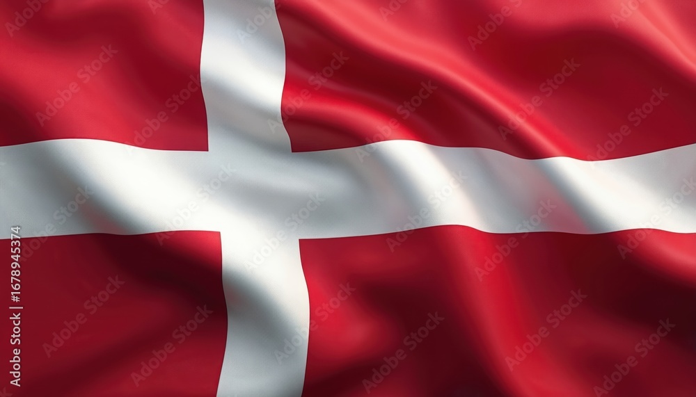 Fototapeta premium Close-up of Danish flag waving in wind. Red banner features white Scandinavian cross symbol. This three-dimensional illustration of national flag evokes patriotism and national pride for Denmark.