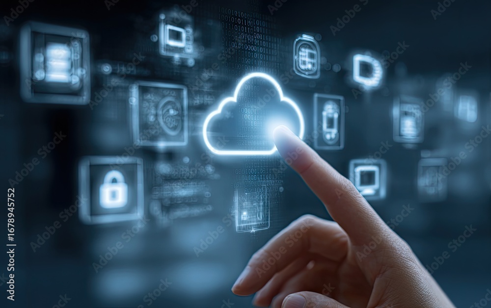 Hand touching a glowing cloud icon on a futuristic digital interface. Hand touching a glowing cloud icon on a futuristic digital interface.