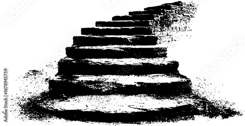 Black and white stencil art of ancient stone staircase for vintage design