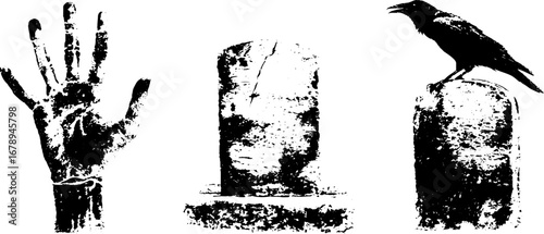 Black and white stencil set of graveyard scenes with hand, tombstone, and raven for halloween design