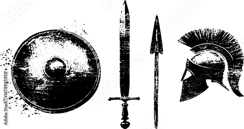 Ancient warriors stencil set: sword, shield, spear, and helmet for historical designs