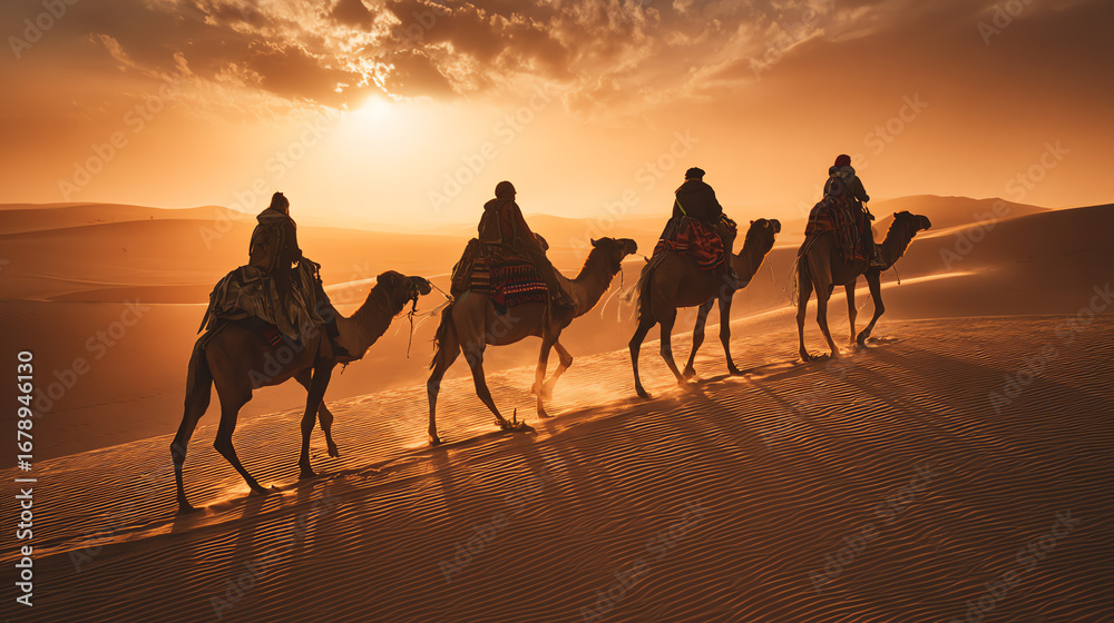 Fototapeta premium desert caravan at sunset, AI generated