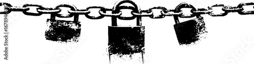 Black and white stencil illustration of rusty chain with padlocks for urban art design