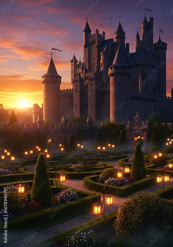 Fototapeta premium Enchanted Castle Gardens at Sunset, Mystical Maze.