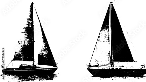 Black and white sailboat stencil illustration set for nautical designs