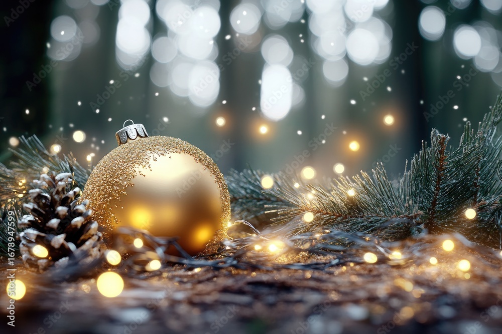 Fototapeta premium Elegant christmas ornament in festive night scene with twinkling lights