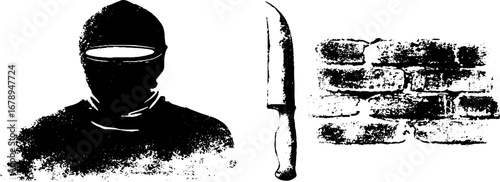 Grunge stencil set featuring urban silhouettes and brick texture elements for creative designs