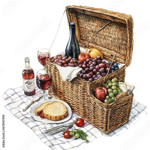 Picnic Basket Summer Blanket, watercolor illustration vector, isolated on a white background.
