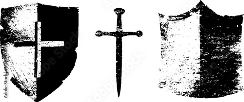Medieval shield and sword silhouette collection for design and decoration
