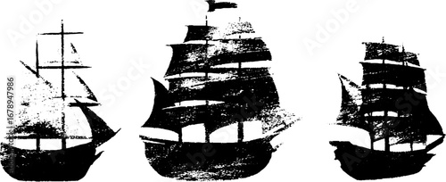 Vintage nautical black and white ship stencil set for art and design