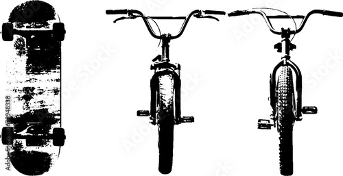 Black and white stencil illustration set of skateboard and bicycle for urban design