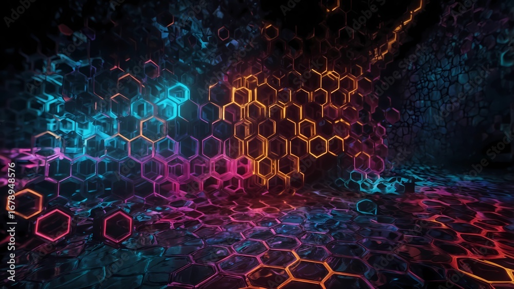 Naklejka premium Abstract Neon Hexagonal Grid Technology Background, Generative AI