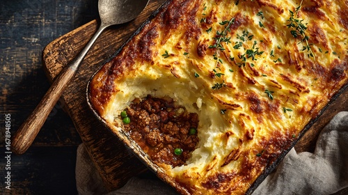 An overhead view of a hearty shepherd’s pie with golden crust cracked open, steam visible, placed on worn baking tray, cozy styling