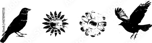 Black and white stencil set of birds and flowers for urban art design