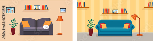 Living room with sofa, lamp, plant and bookshelf.