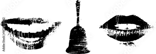 Grunge black and white stencil set of smiles and bell for creative designs