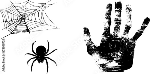 Black and white spider set with web and distressed handprint design for urban art