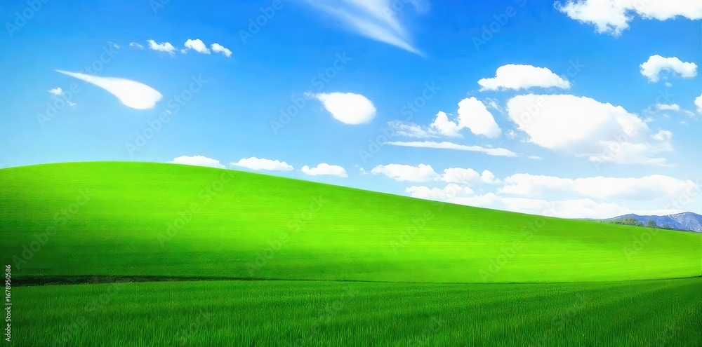 Fototapeta premium A lush green field stretches to a vibrant blue sky, signifying new beginnings and growth, perfect for concepts of renewal and fresh starts , sky, grass