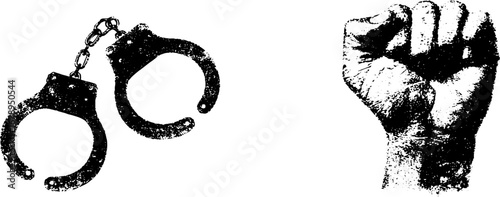 Black and white stencil set of handcuffs and raised fist concept