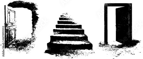 Black and white stencil set featuring grungy stairway and doorway designs for urban art projects
