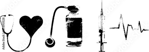 Medical equipment stencil set in black and white for healthcare design