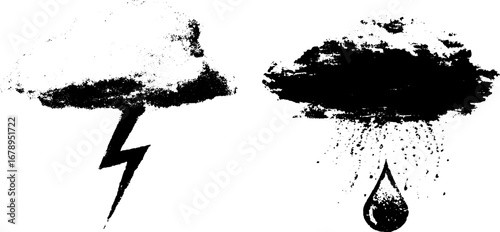 Dramatic black and white stencil set of storm clouds with lightning and rain for urban art