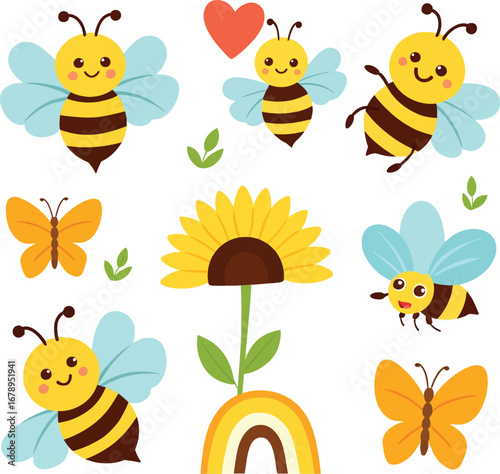 Cute cartoon bees and butterflies with a sunflower and rainbow illustration
