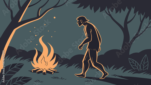 Prehistoric caveman discovering fire primitive lifestyle vector illustration