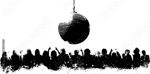 Black and white stencil art of disco ball and dancing crowd for event design