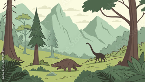 "Prehistoric Dinosaurs in Jurassic Jungle Vector Illustration"