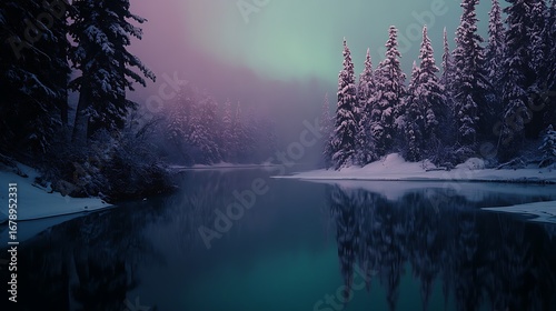 Serene Winter River Scene Underneath Aurora Borealis