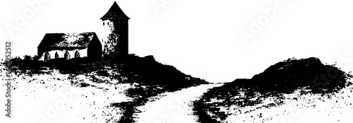 Black and white tarot stencil illustration set with gothic building
