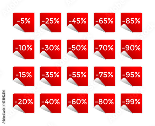 Red sticker with wrapped corner. Stickers with different discounts levels. Sale labels for informing about special offers. Vector images promotions and discounts bundle.