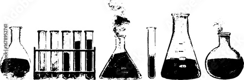 Black and white chemistry lab equipment stencil set for scientific design and education