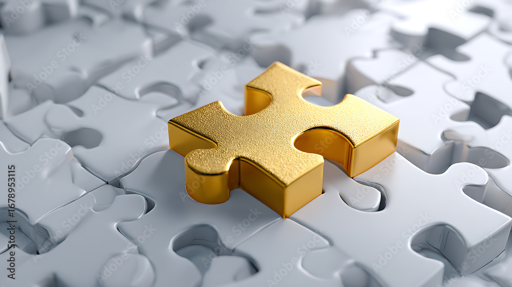 Fototapeta premium Golden Puzzle Piece: A Unique Solution Amongst Many White Jigsaw Pieces.