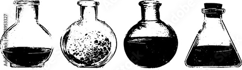 Black and white stencil set of vintage glass bottles for design projects