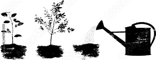 Black and white stencil illustration set of trees and watering can for artistic design