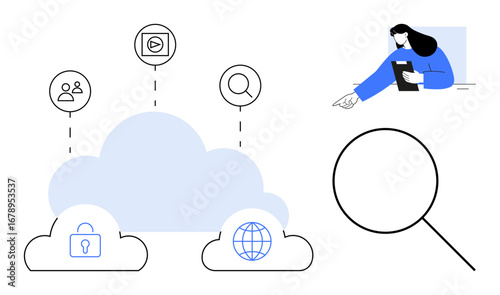 Cloud with icons of user, video, magnifying glass, security, and internet globe. Woman on tablet. Ideal for data storage, teamwork, global access digital tools technology trends research simple