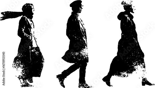 Black and white stencil collection of trench coat silhouettes for urban design