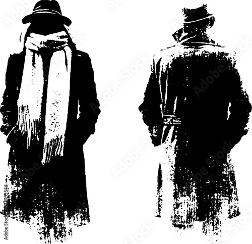 Mysterious detective silhouette stencil set in black and white for design projects