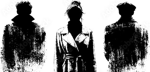 Black and white stencil illustration set featuring trench coat silhouettes for urban design