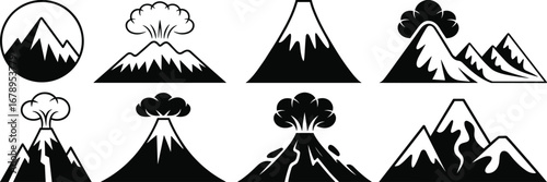 Volcano silhouette collection, black and white vector icons with eruption smoke clouds, mountain peak designs for geology, nature, disaster, educational, and travel themes