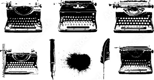 Vintage typewriter stencil collection: retro writing tools and ink blots for design